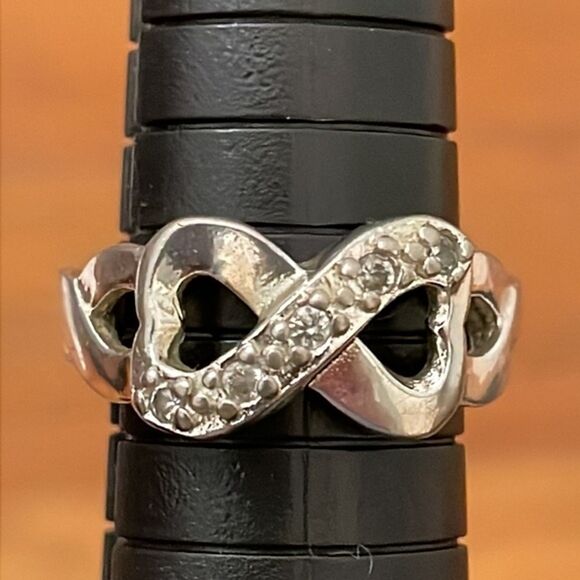 Sterling Silver Ring Size 7 Infinity Double Hearts Channel Set Clear Stones 925 - Picture 5 of 9